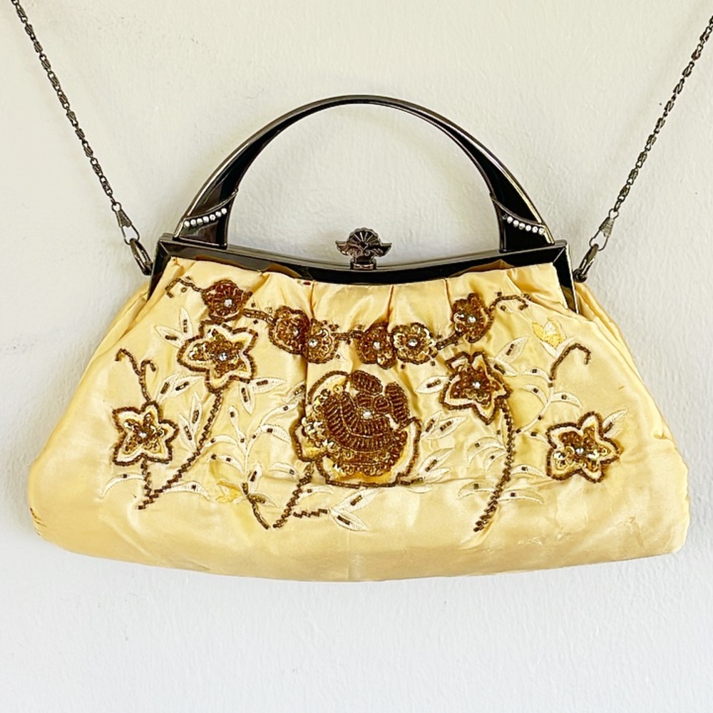 Vintage gold satin embroidered beaded floral chain strap crossbody bag - Picture 2 of 15